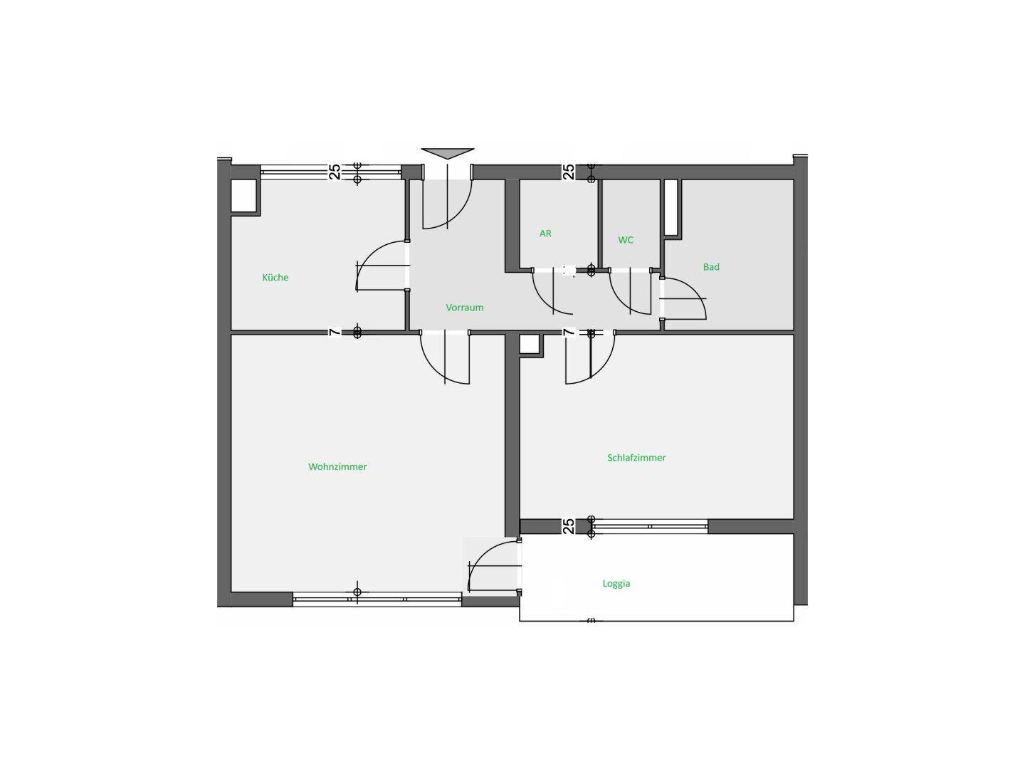 Grundriss der Wohnung mit Küche, Wohnzimmer, Schlafzimmer, Bad, WC und Loggia.
