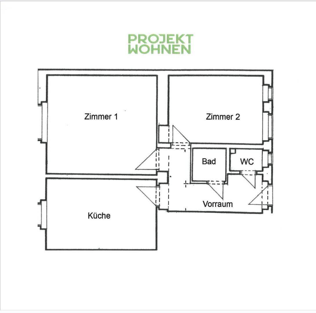 Grundriss der Wohnung mit zwei Zimmern, Küche, Bad und separatem WC.
