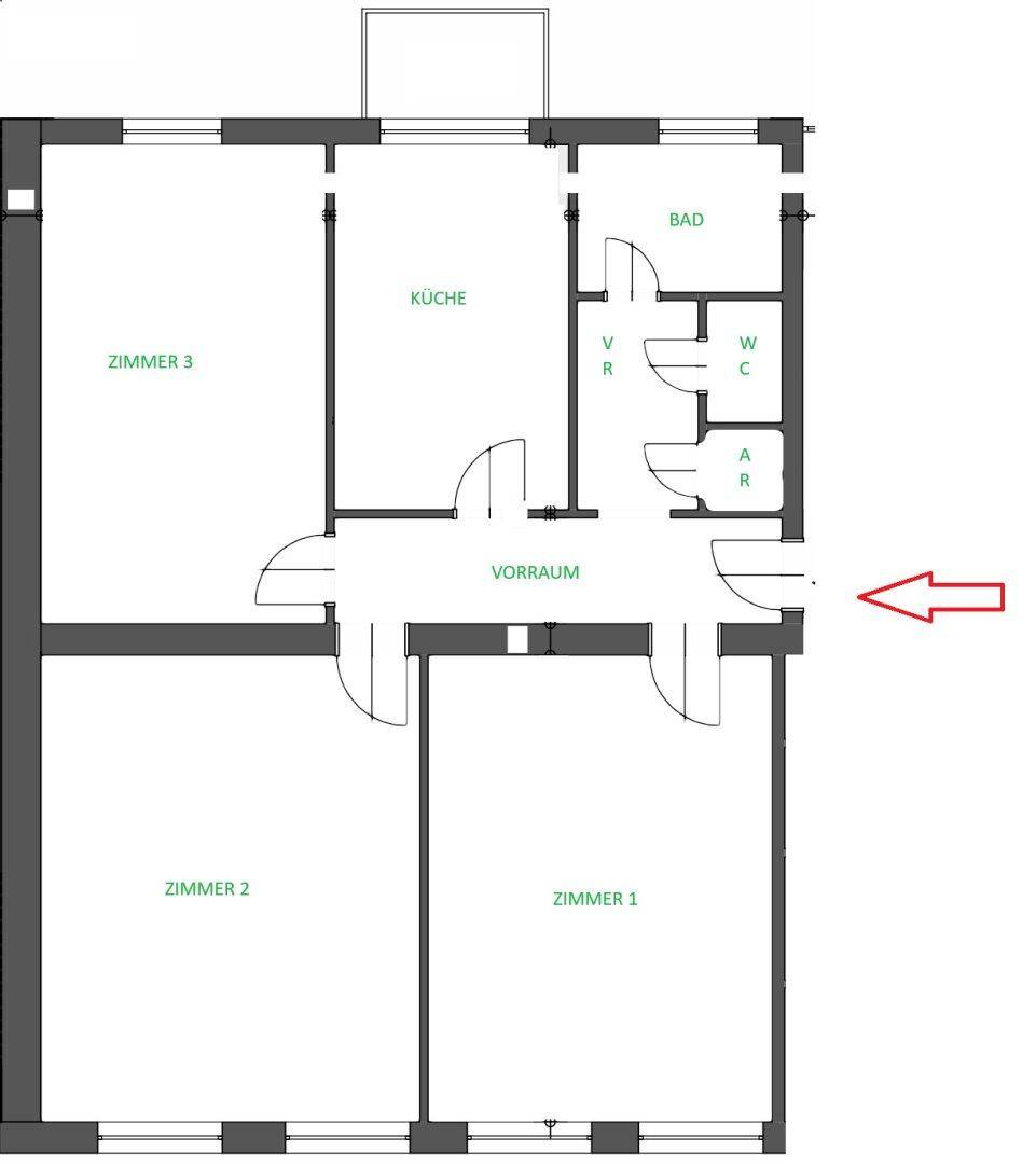Grundriss einer Wohnung mit drei Zimmern, Küche, Bad, separatem WC und Balkon.