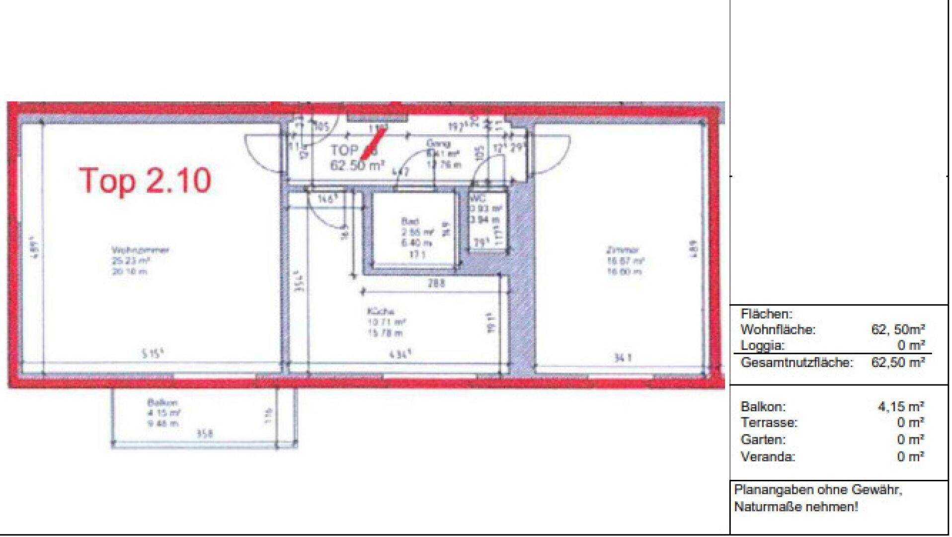 Grundriss der Wohnung Top 2.10 mit 62,50 m² Wohnfläche und Balkon.