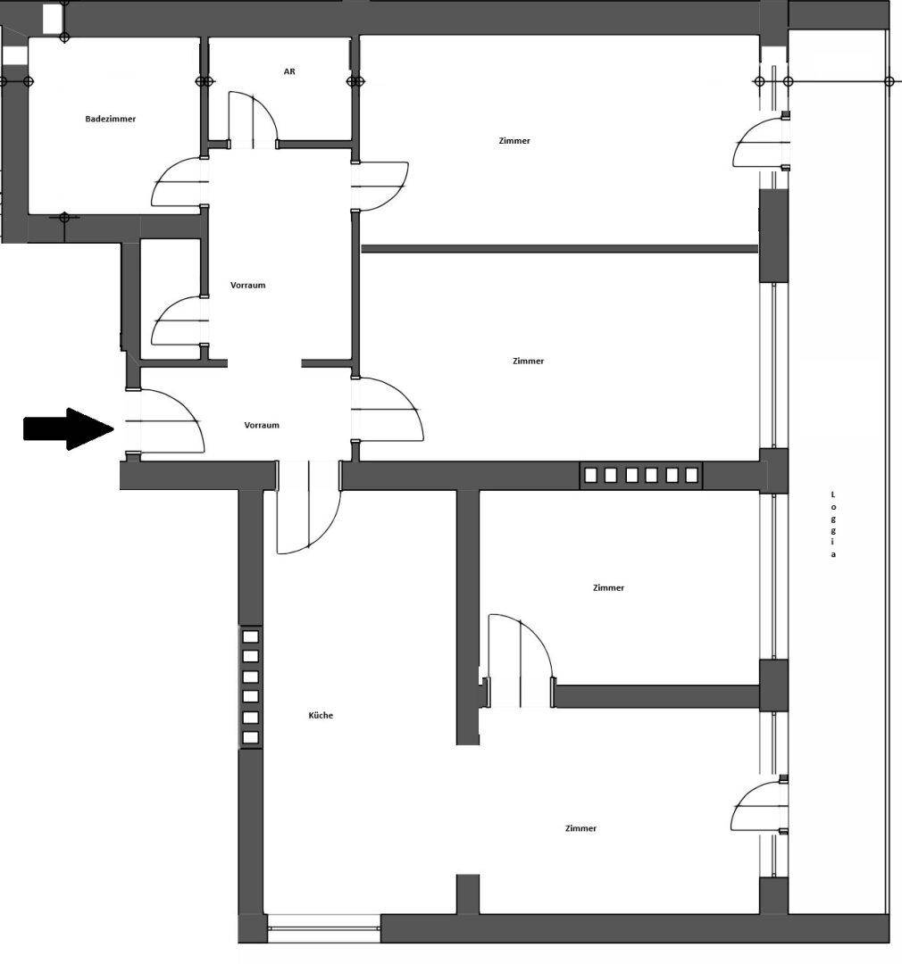 Grundriss der Wohnung mit mehreren Zimmern, Vorräumen und einer Loggia.