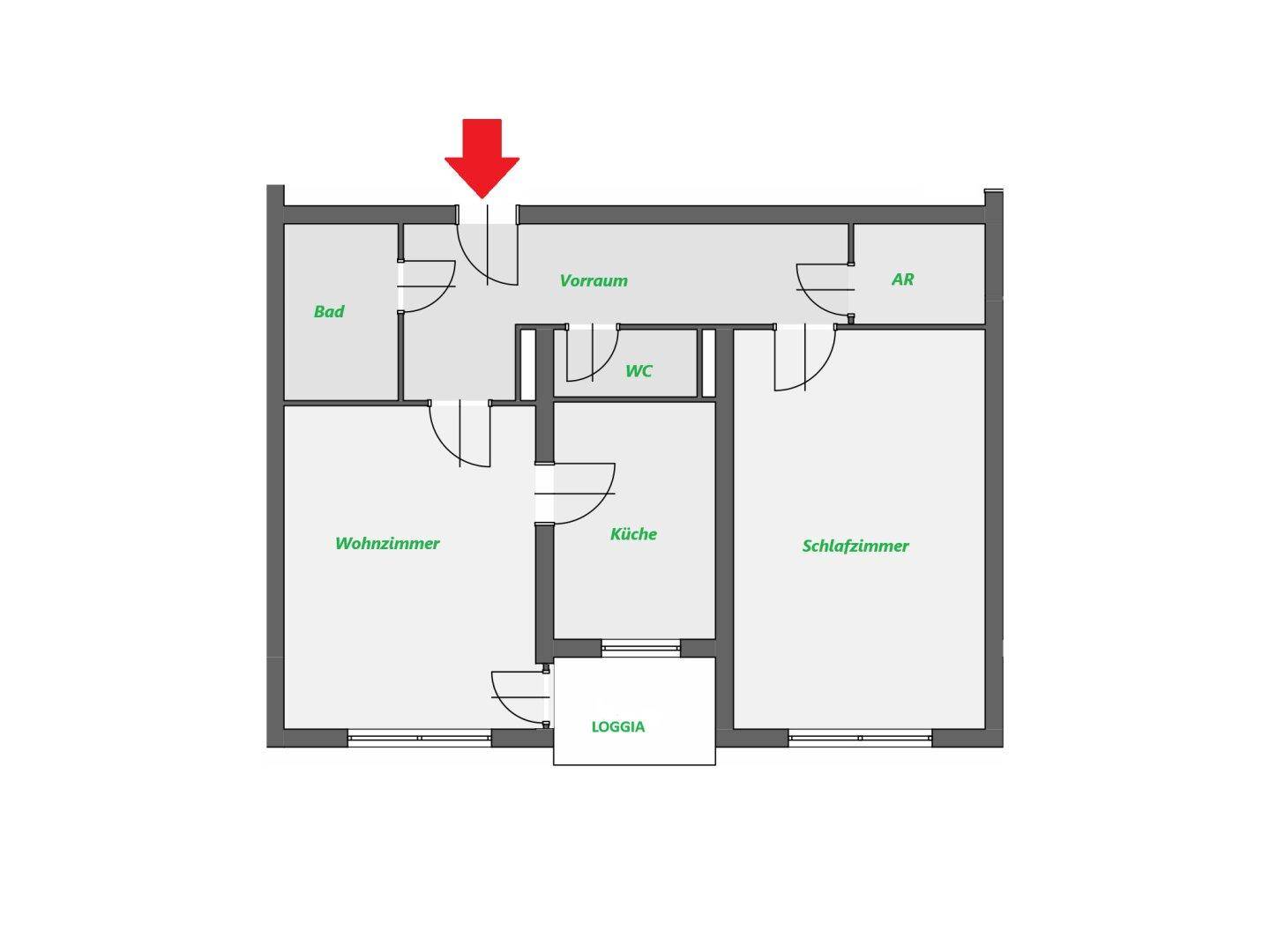 Grundriss der Wohnung mit Bad, separatem WC, Küche, Wohn- und Schlafzimmer sowie Loggia.