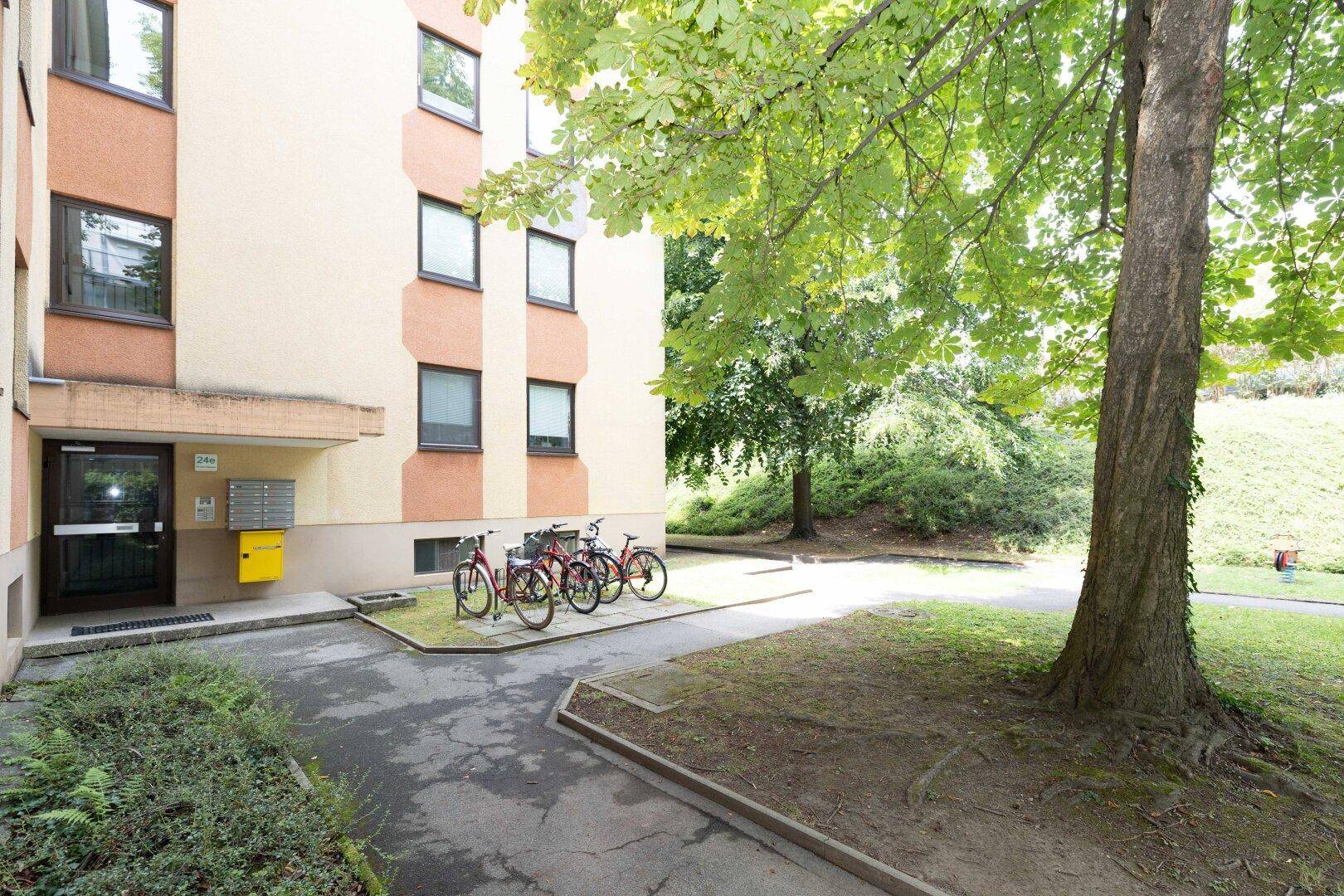 Eingangsbereich eines Wohngebäudes mit Fahrradstellplätzen und umgebender Grünfläche.