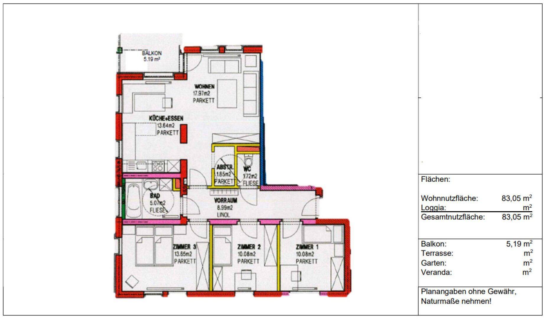 Detaillierter Grundriss der Wohnung mit Raumaufteilung und Flächenangaben in Quadratmetern.