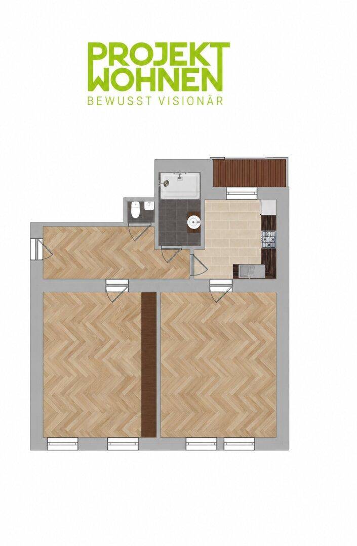 Grundriss einer Wohnung mit Parkettboden, Badezimmer und Küchenbereich.