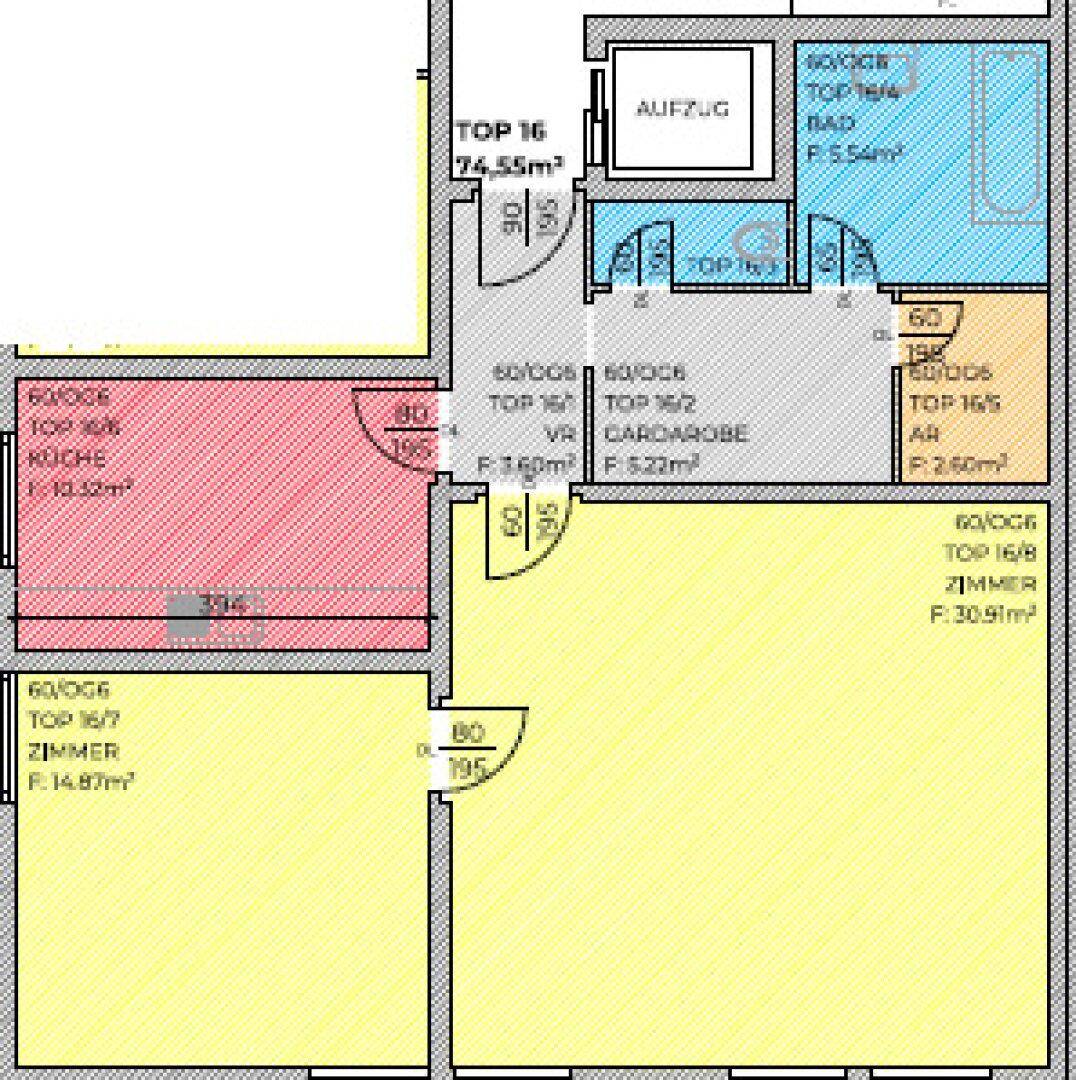 Grundriss der Wohnung Top 16 mit mehreren Zimmern und Bad.