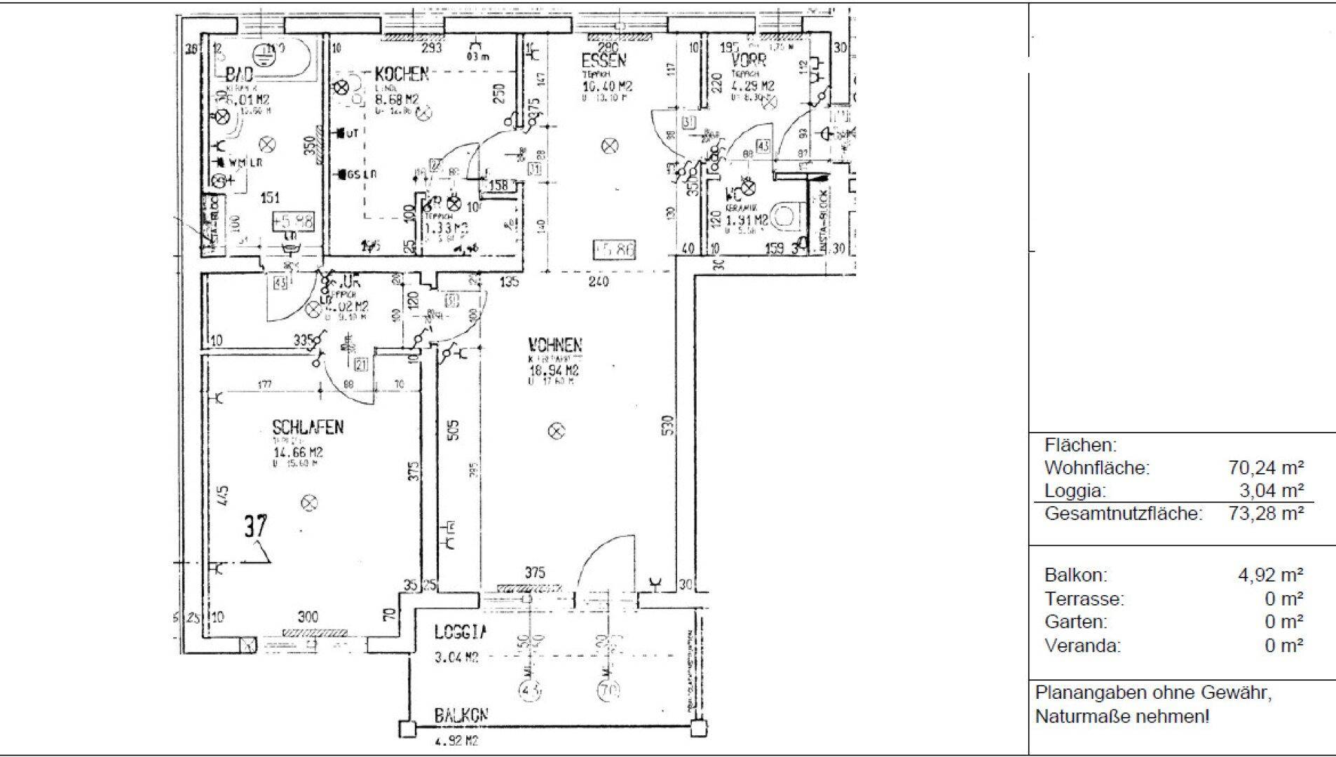 Grundriss einer Wohnung mit 70,24 m² Wohnfläche, Loggia und Balkon.