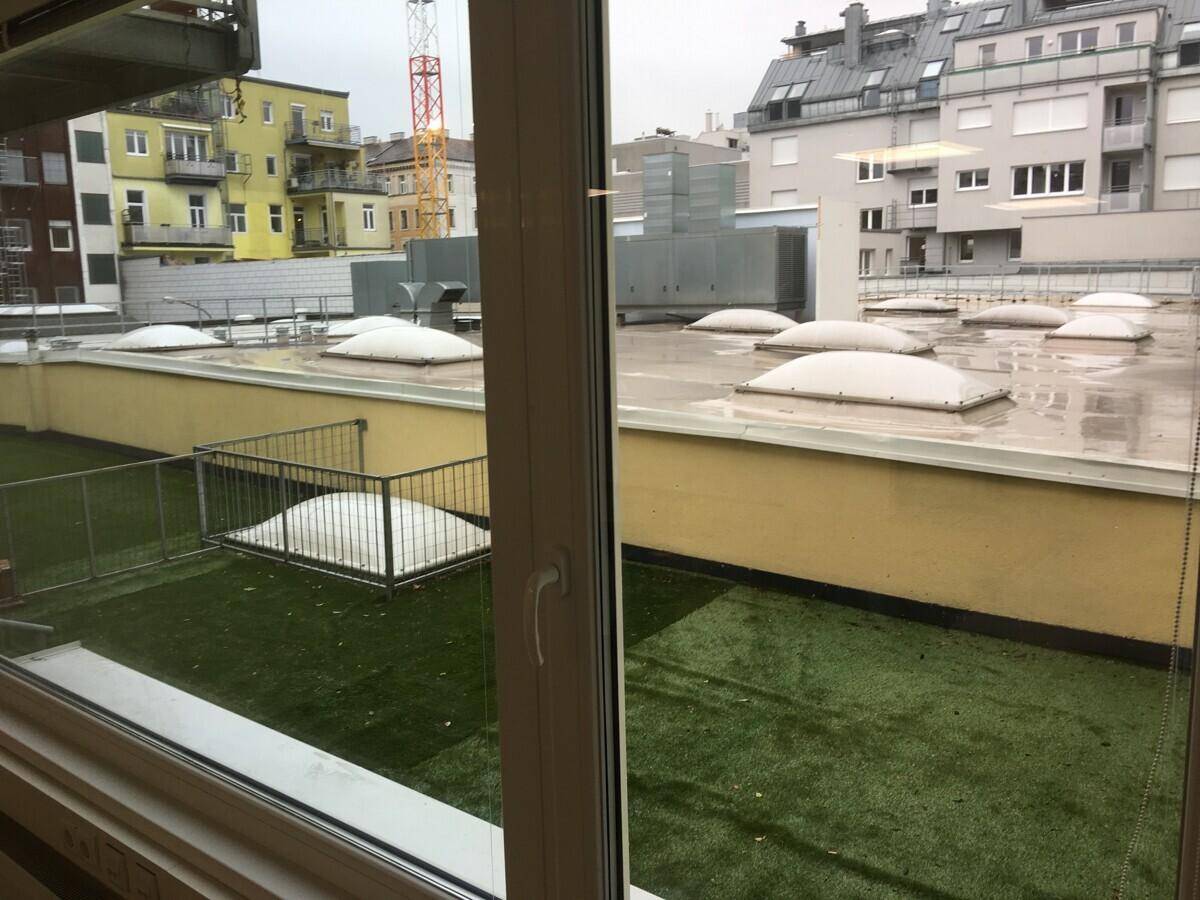 Blick auf eine begrünte Dachterrasse mit Kunstrasen, Oberlichtern und umliegenden Gebäuden.