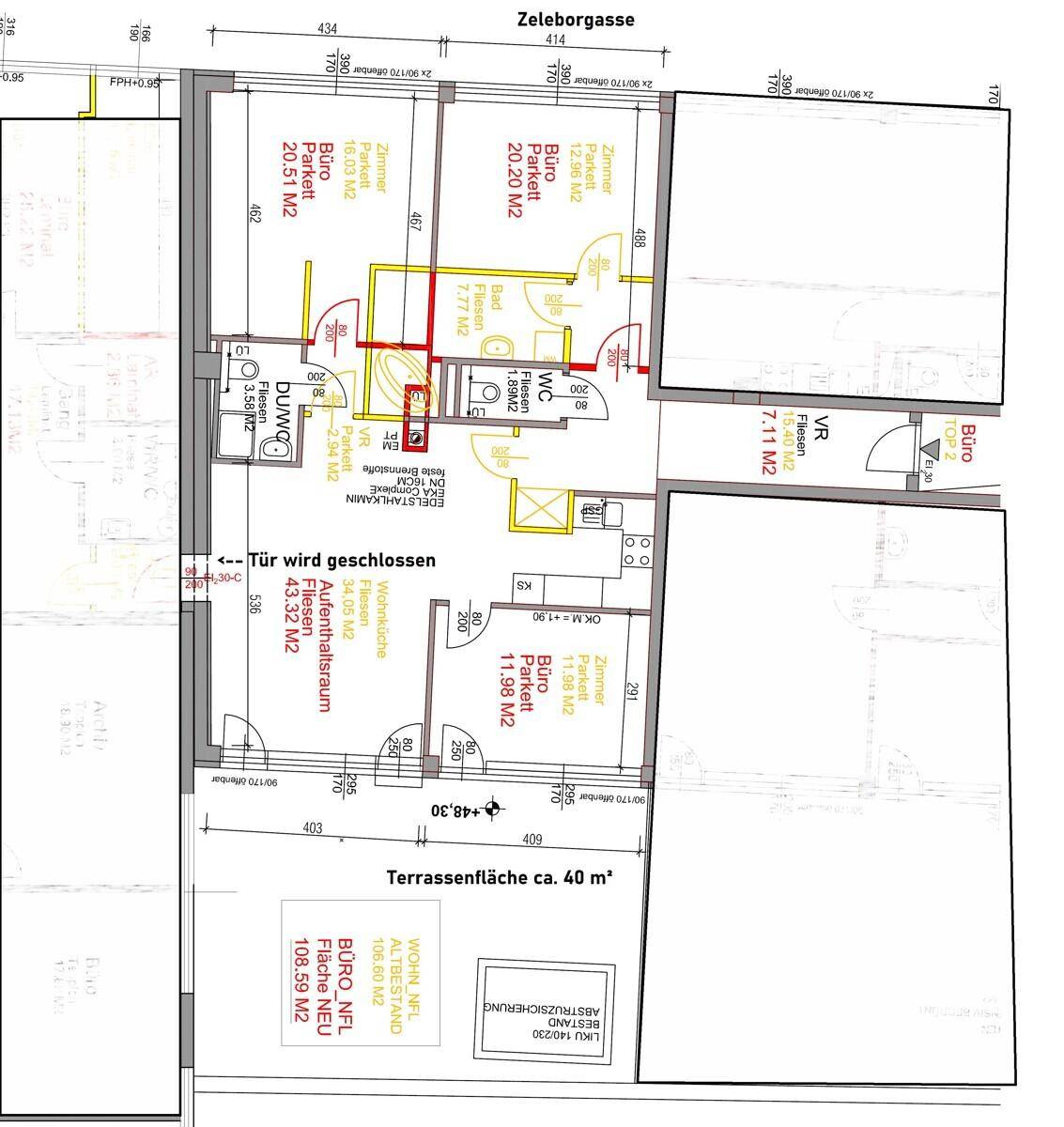 Detaillierter Grundriss mit Raumaufteilung, Flächenangaben und Terrassenbereich.