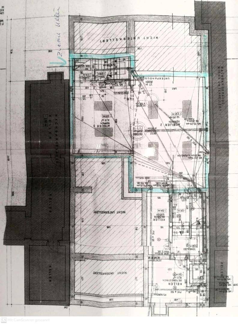Grundriss des Untergeschosses mit Kellerräumen und Atelierbereichen für gewerbliche Nutzung.