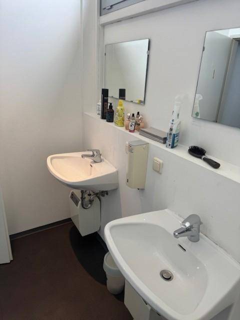 Badezimmer mit zwei Waschbecken, Spiegeln und Ablageflächen für Hygieneartikel, in hellem Design.