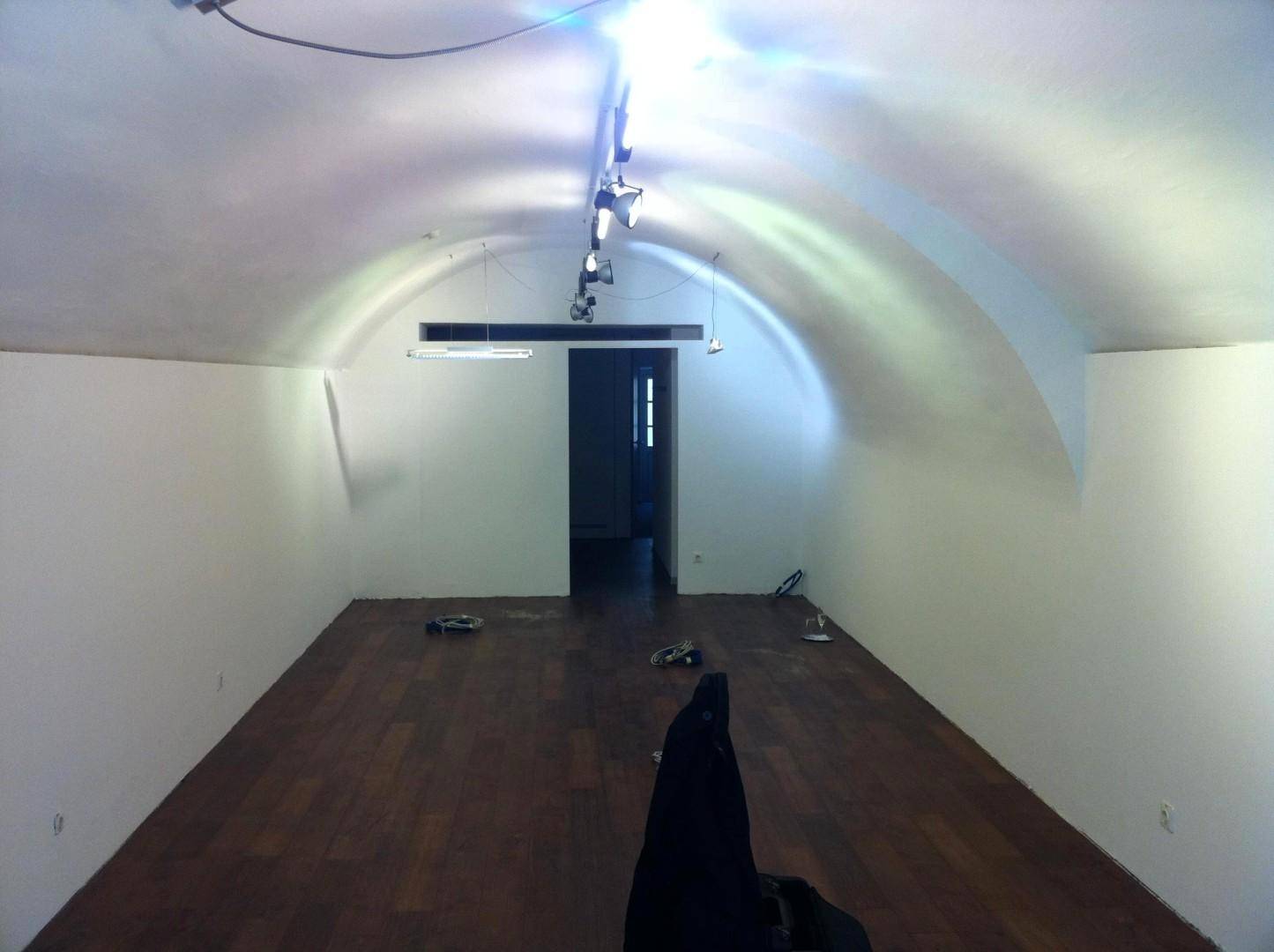 Leerer Verkaufsraum mit gewölbter Decke und dunklem Holzfußboden, bereit für eine neue Einrichtung oder Nutzung.