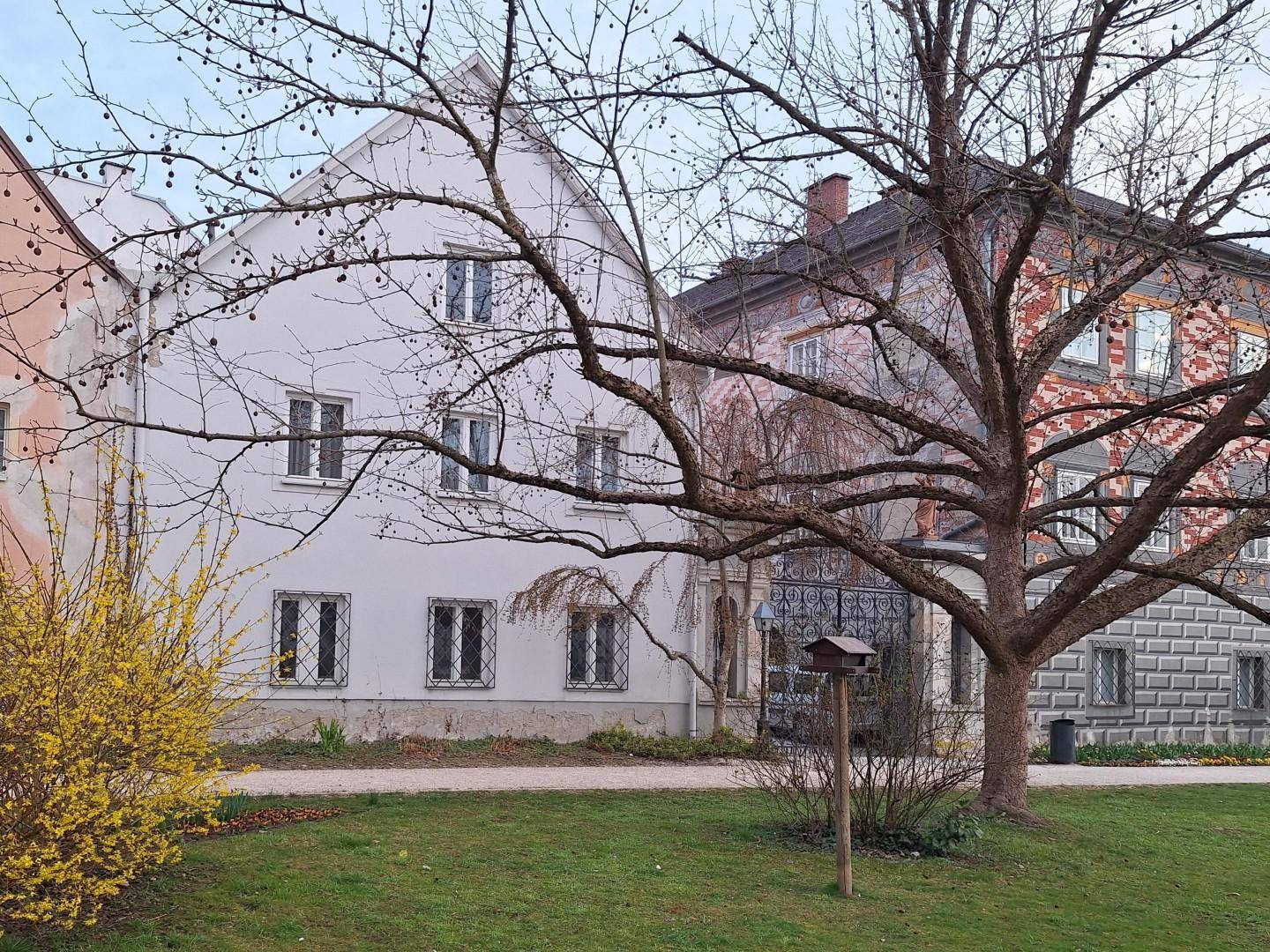 Gartenanlage mit altem Baumbestand vor einem historischen Gebäude und einem bemalten Nachbarhaus.