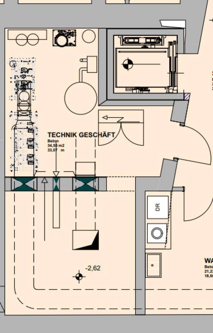 Detaillierter Ausschnitt eines Grundrisses mit Technikbereich und Zugang zur Tiefgarage.