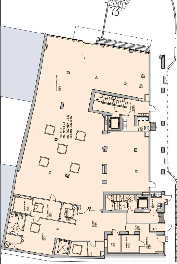 Grundriss des Erdgeschosses mit Verkaufsfläche, Technikräumen und Personalbereichen.