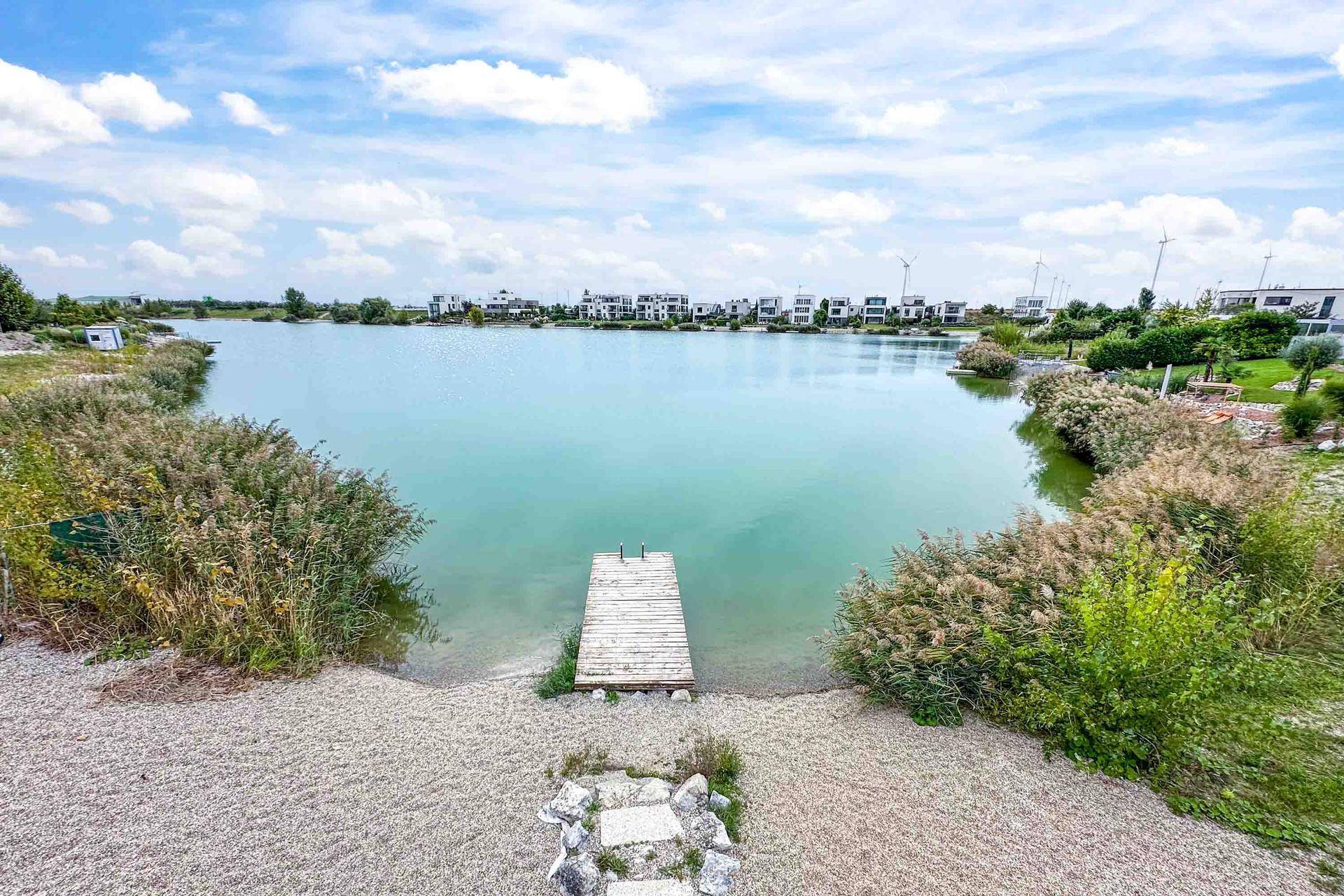 Idyllischer See mit einem kleinen Holzsteg, umgeben von Schilf und grüner Naturlandschaft.