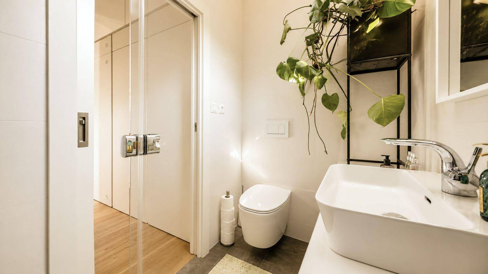 Modernes Gäste-WC mit wandhängender Toilette, Waschbecken und dekorativer Pflanze.
