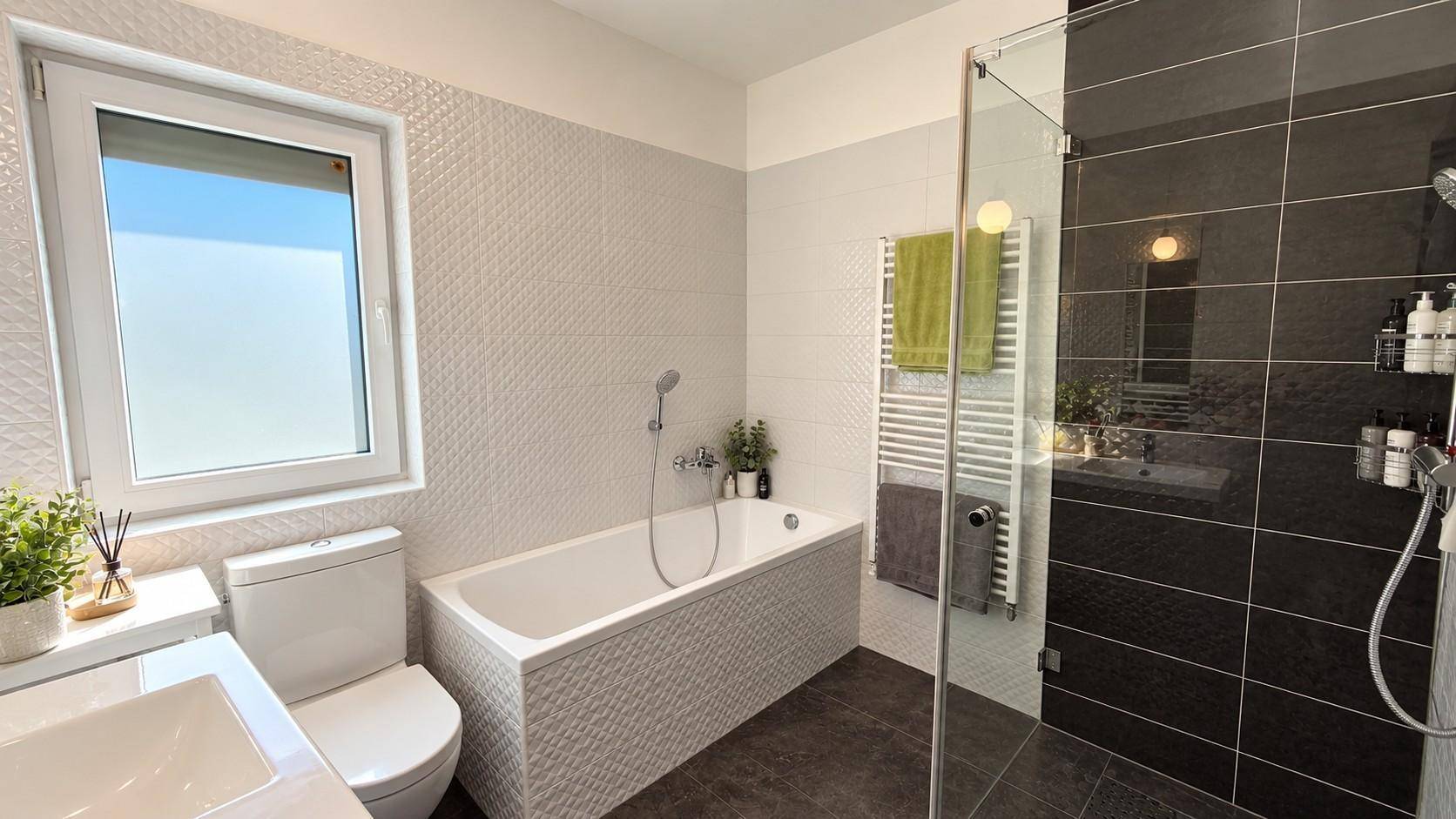 Helles Badezimmer mit Badewanne, Duschkabine und Fenster für Tageslicht.