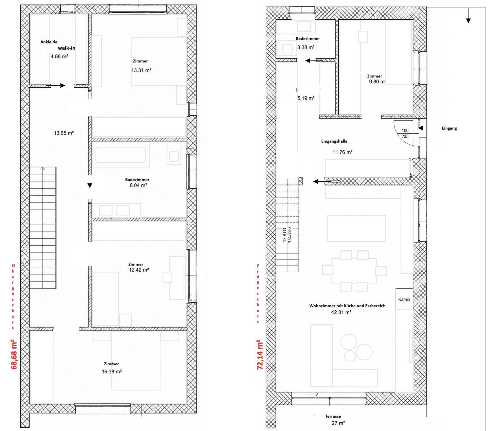 Grundrissplan eines Hauses mit offenem Wohnbereich, Kamin, Terrasse und begehbarem Kleiderschrank.