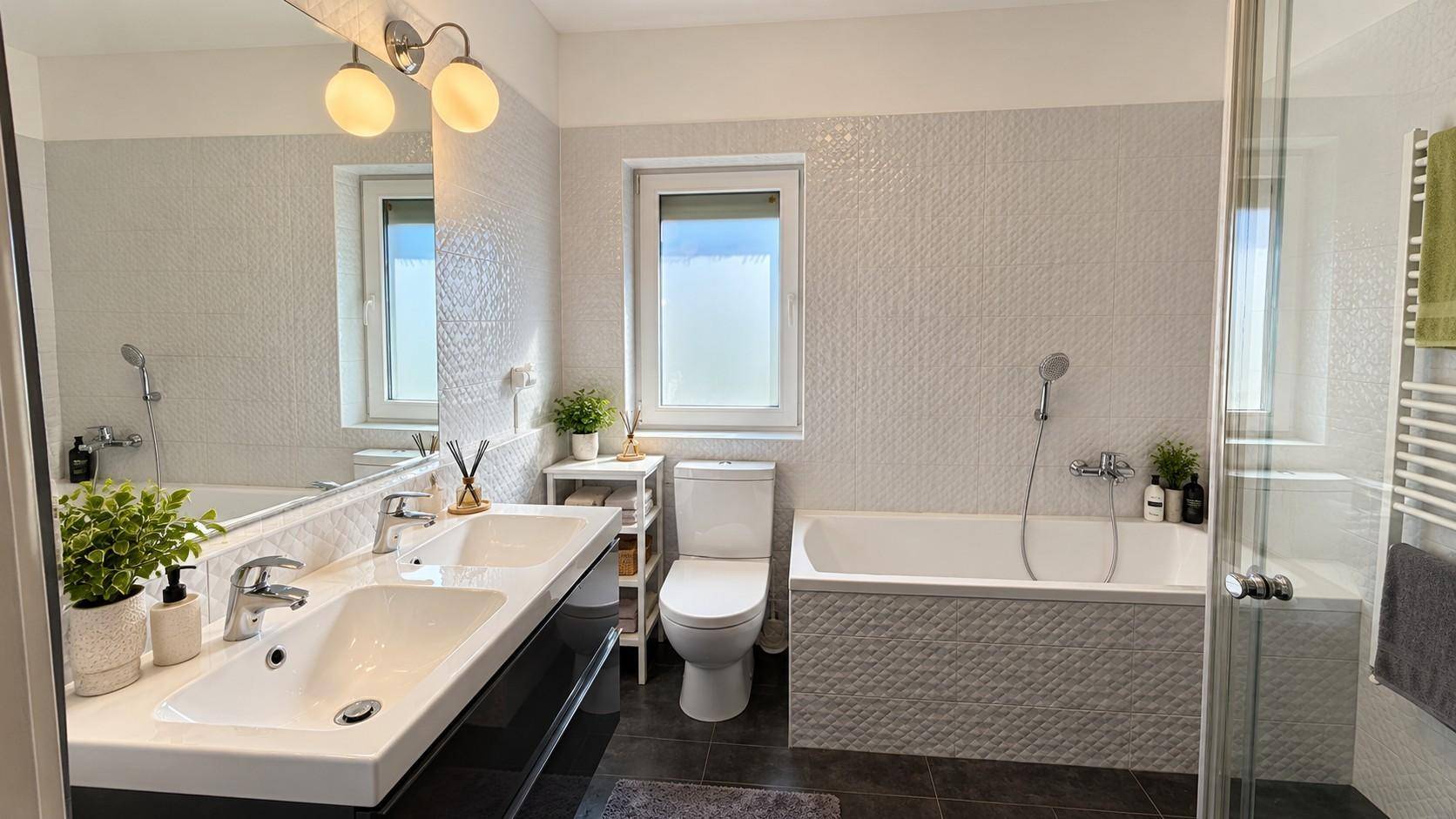 Modernes Badezimmer mit Doppelwaschbecken, Badewanne und separater Dusche.