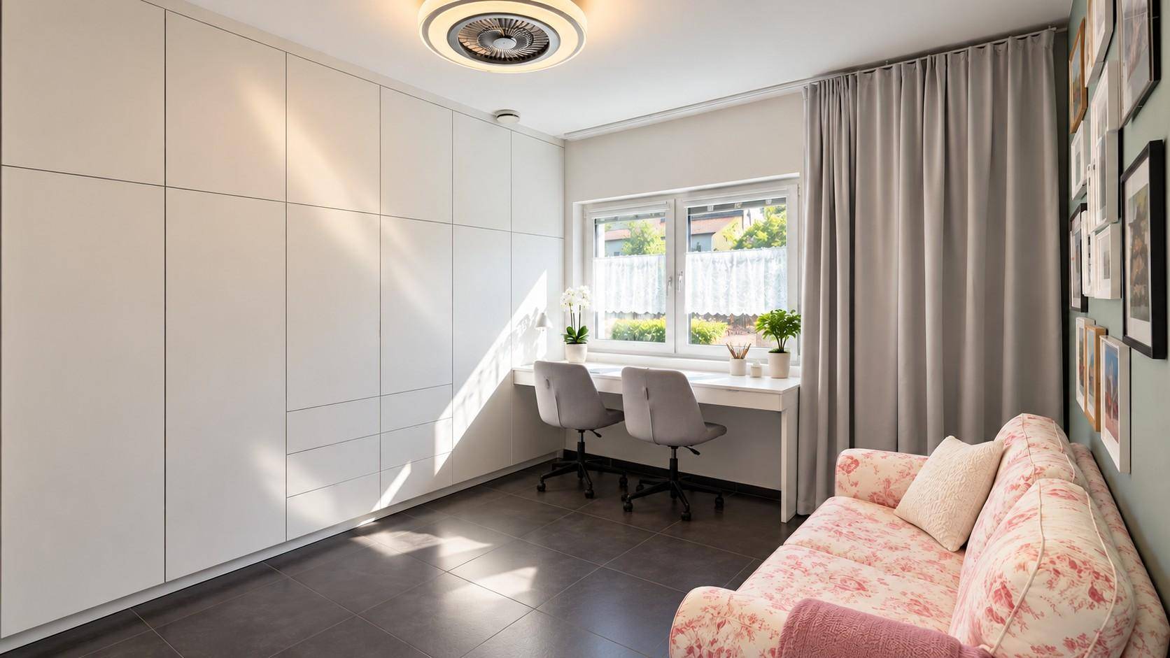 Helles Arbeitszimmer mit Einbauschränken, Schreibtisch und gemütlichem Sofa.
