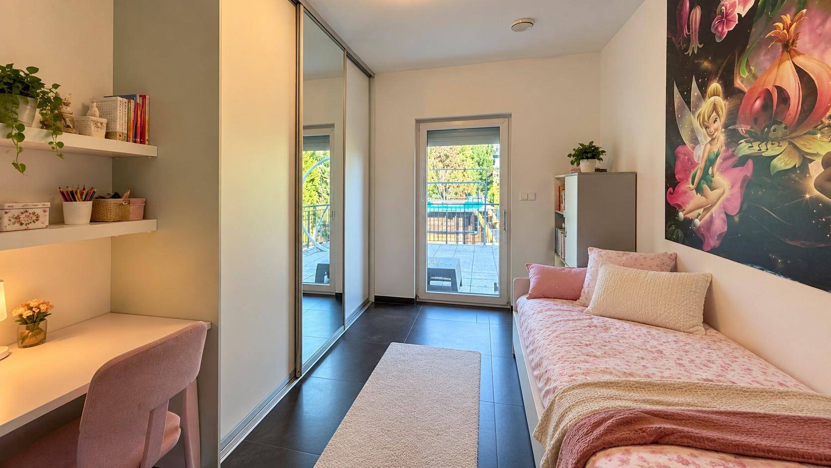 Kinderzimmer mit Einzelbett, Schreibtisch und Zugang zu einem Balkon.