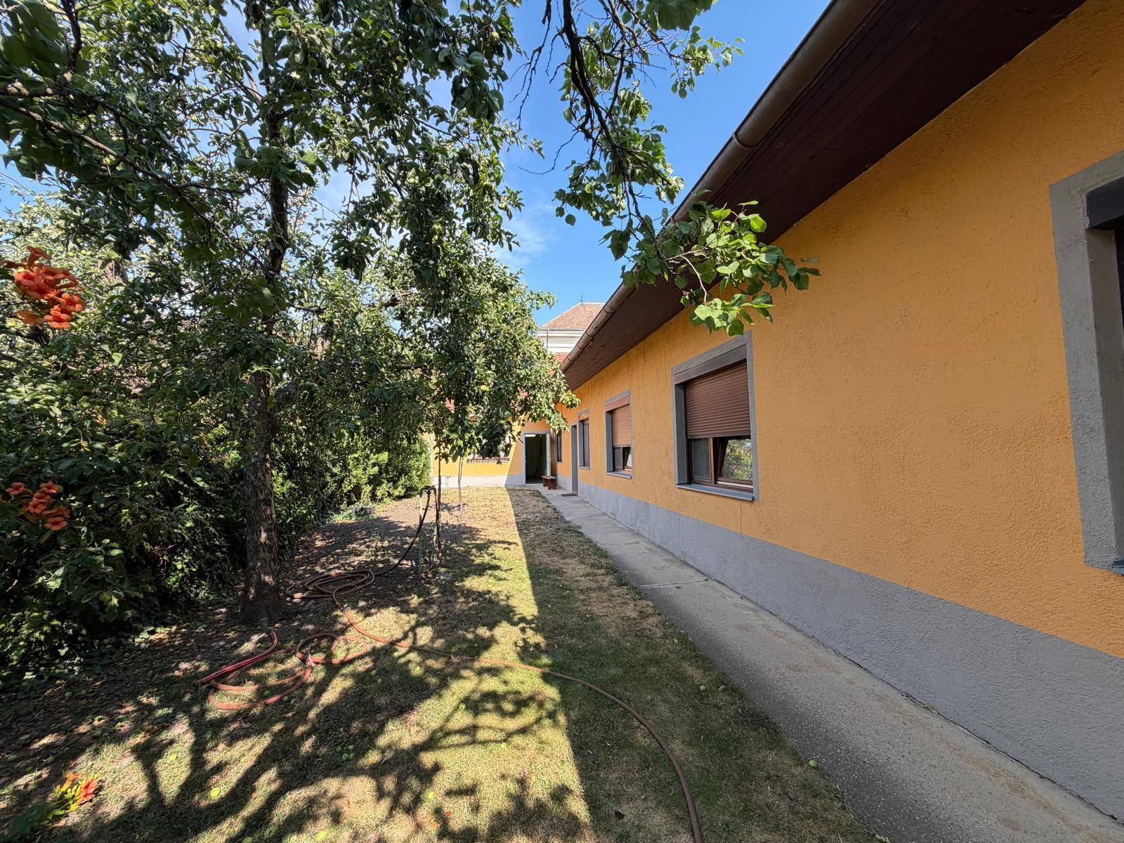 Seitenansicht des Hauses mit Gartenweg und Bäumen unter klarem, blauem Himmel.