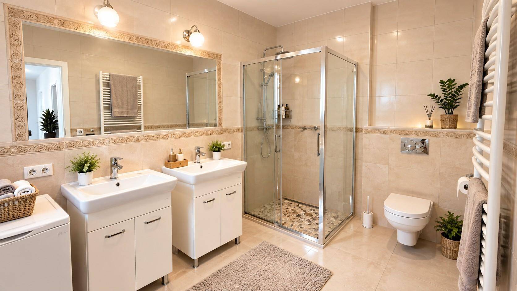 Helles Badezimmer mit doppelten Waschbecken, Duschkabine und beheiztem Handtuchhalter.