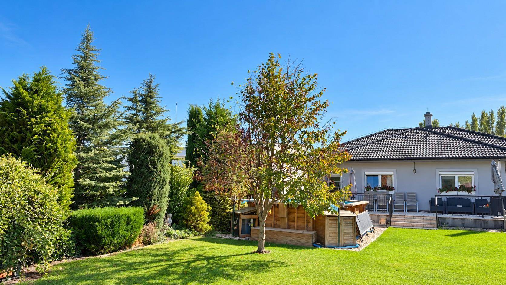 Gepflegter Garten mit hohen Bäumen, Rasenfläche und Blick auf das Haus.