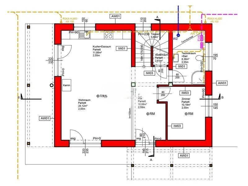 Grundriss des Erdgeschosses mit Wohnraum, Küche, Bad und Technikraum, inklusive Kamin.