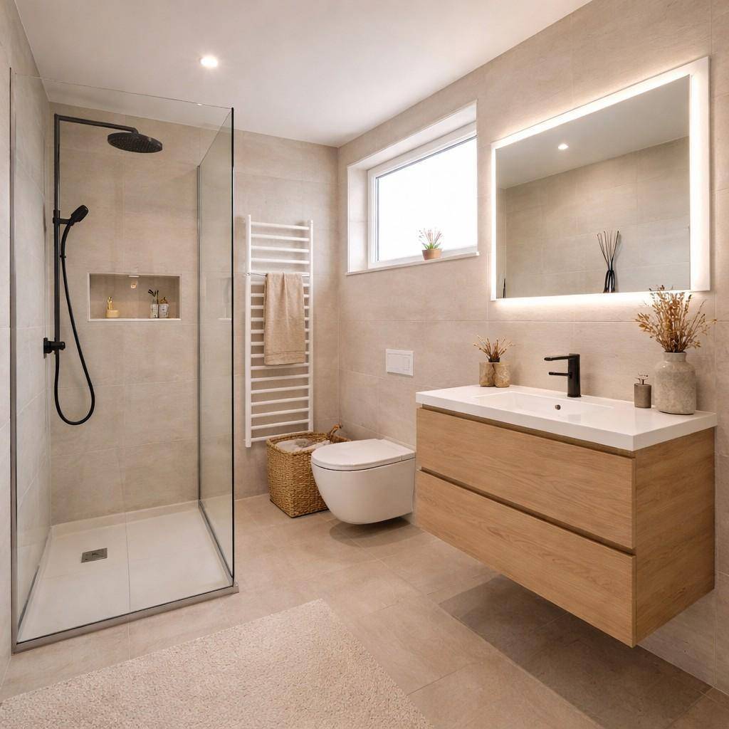Modernes Badezimmer mit begehbarer Dusche, schwebendem Waschtisch und beleuchtetem Spiegel.