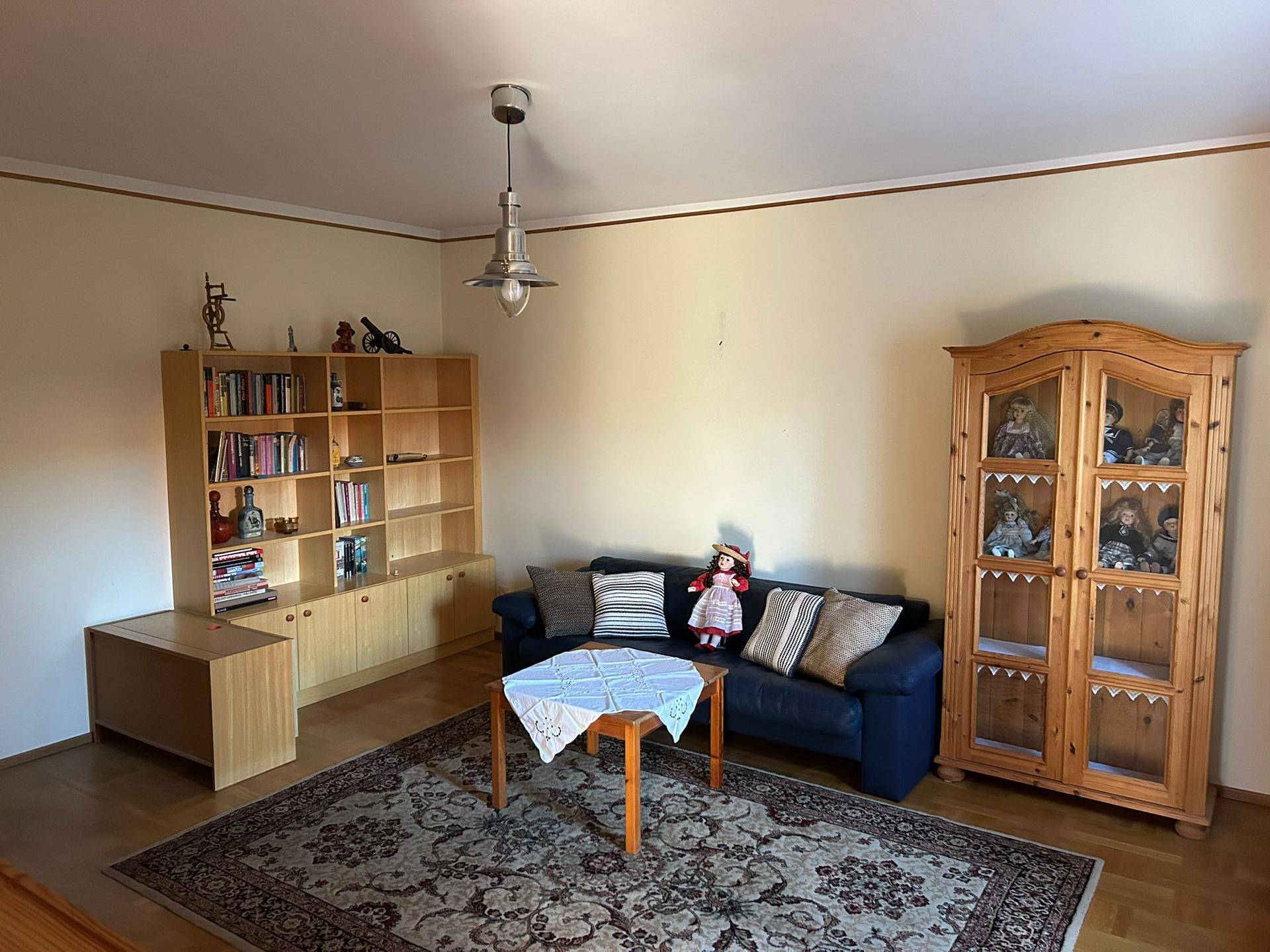 Wohnzimmer mit Bücherregal, Sofa und Teppich, bietet viel Stauraum.