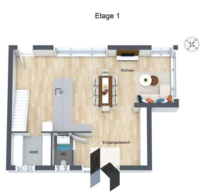 Grundriss der ersten Etage mit offenem Wohnbereich, Küche und Gäste-WC.