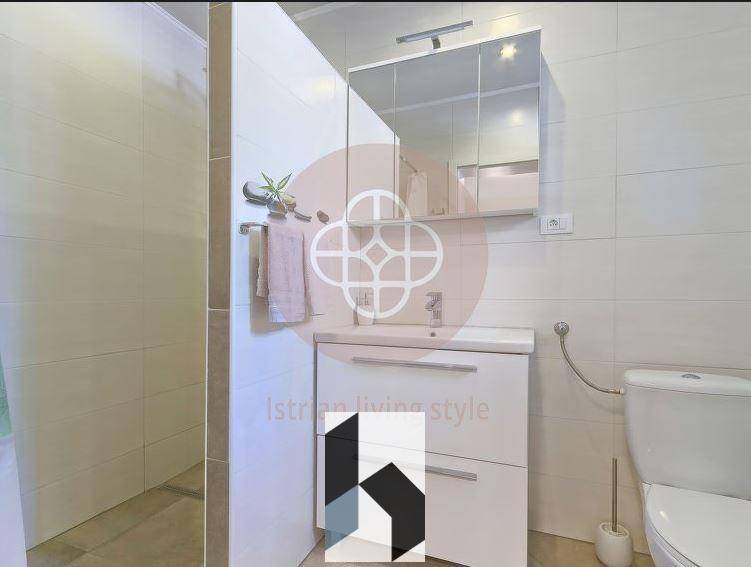 Modernes Badezimmer mit Waschtisch, Spiegelschrank und wandmontierter Toilette.