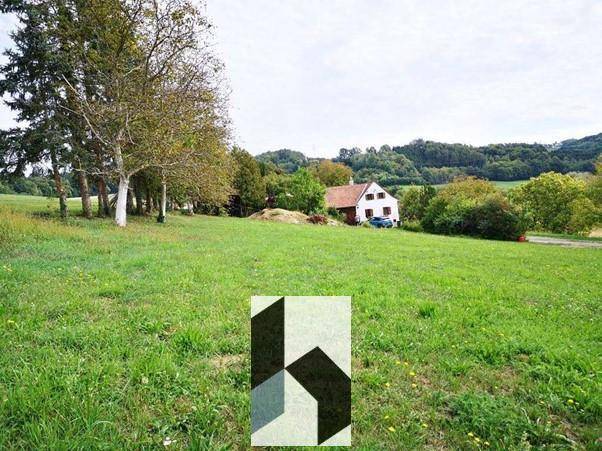 Panoramablick über eine weite Wiese mit dem charmanten Landhaus in der Ferne.