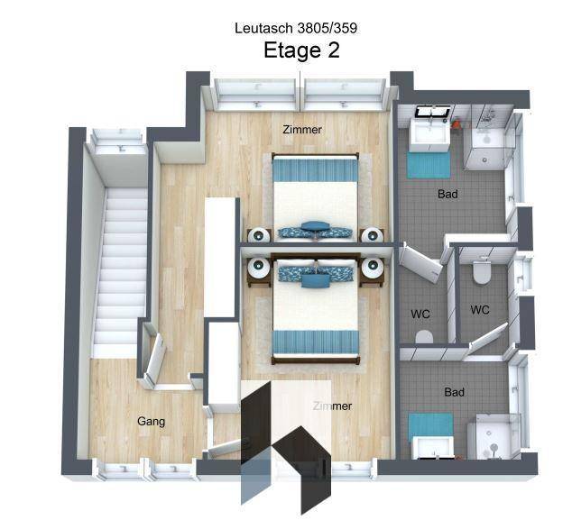 Grundriss der zweiten Etage mit drei Schlafzimmern und zwei Bädern.