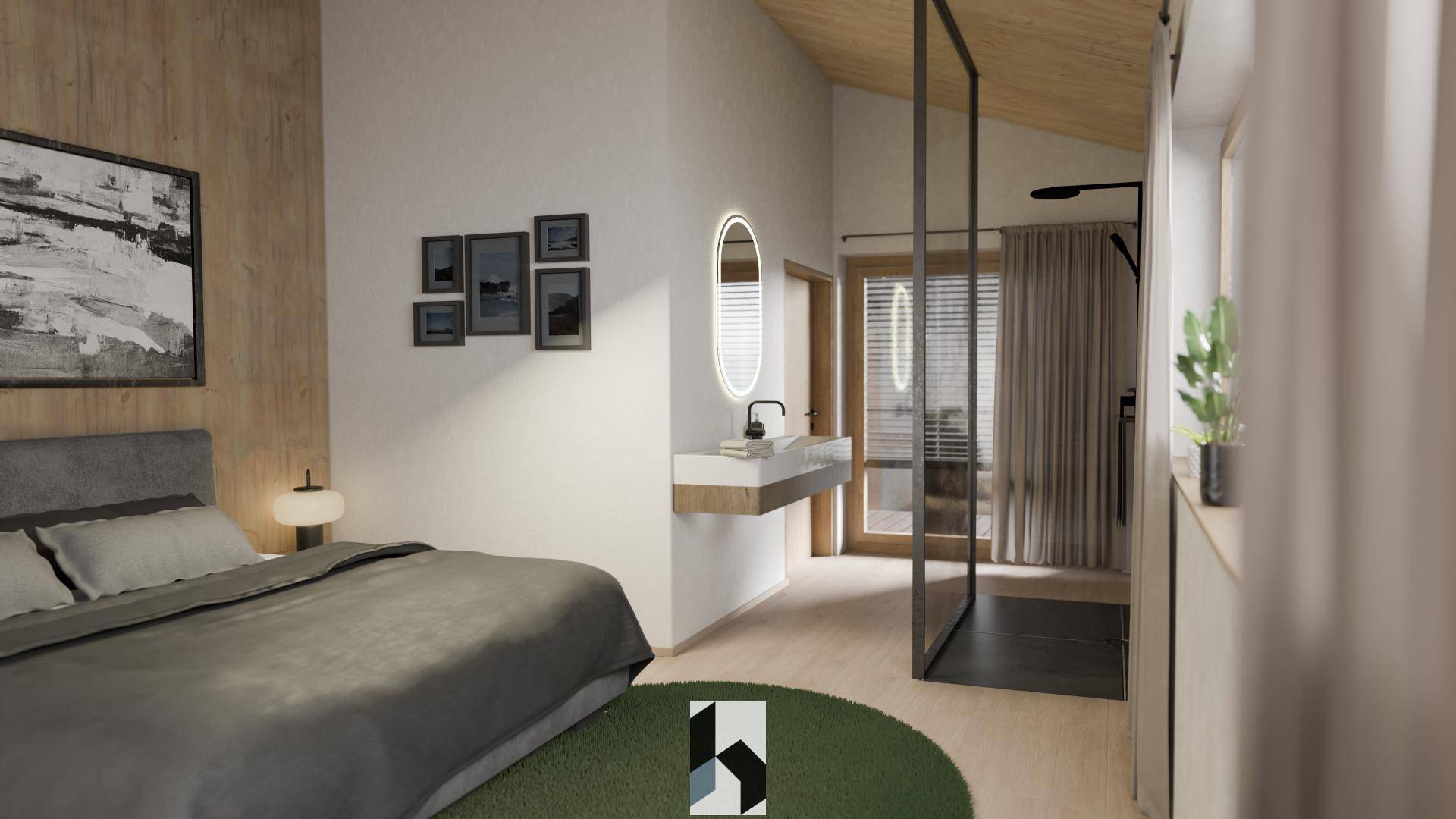 Modernes Schlafzimmer mit Holzboden, offener Dusche und schwebendem Waschtisch.
