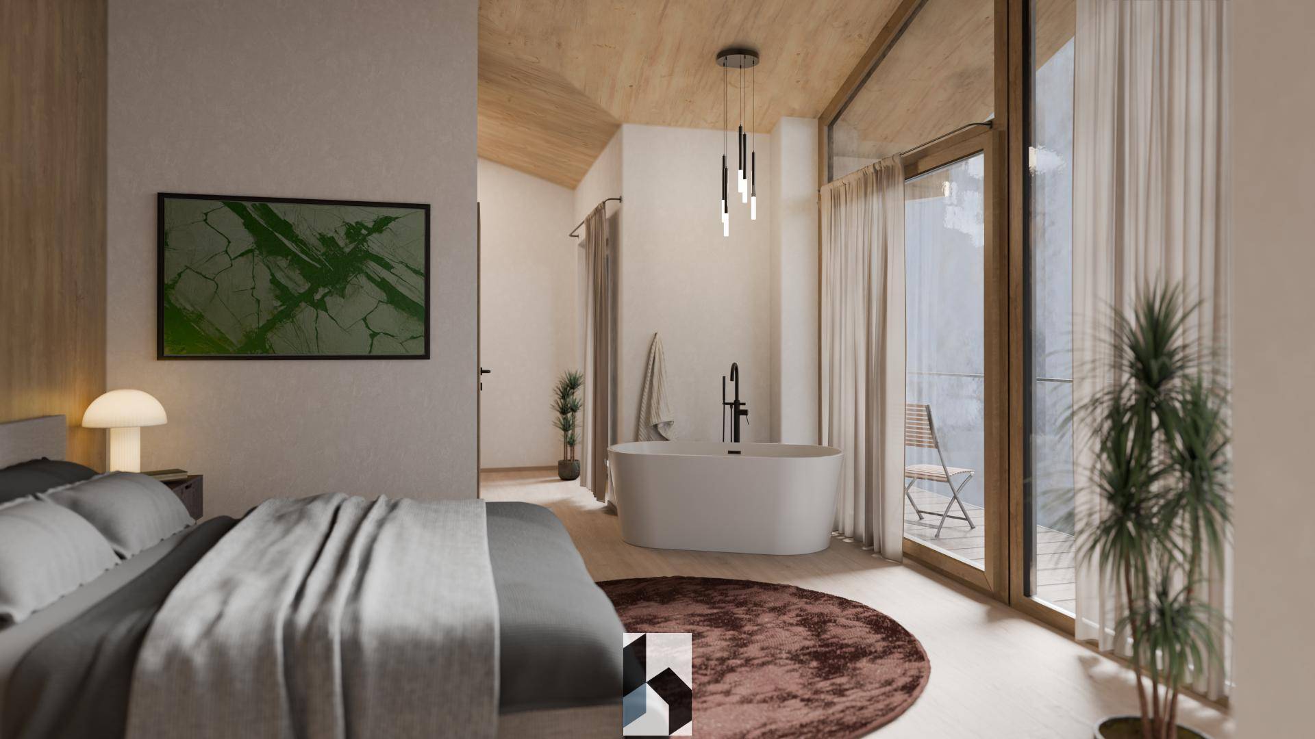 Helles Schlafzimmer mit Holzboden, freistehender Badewanne und Zugang zu einem Außenbereich.