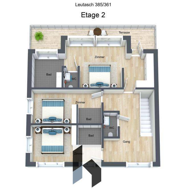Grundriss der zweiten Etage mit mehreren Zimmern, Bädern, WCs und einer Terrasse.