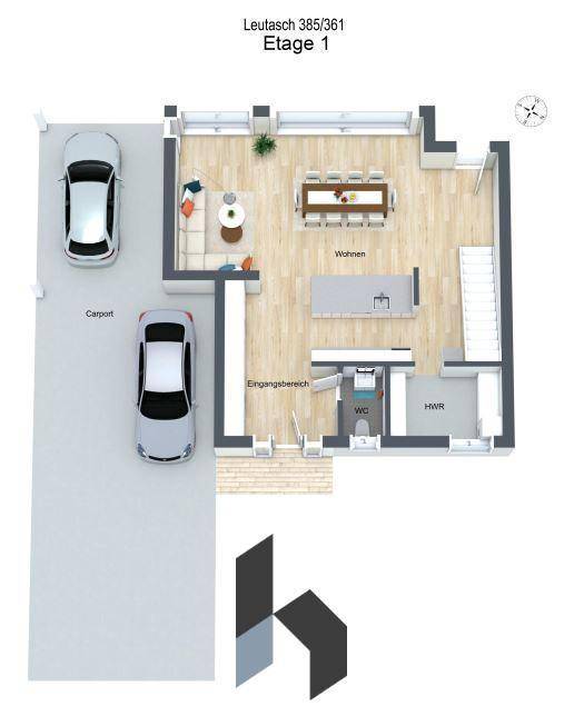 Grundriss der ersten Etage mit offenem Wohnbereich, Küche, WC und Carport.