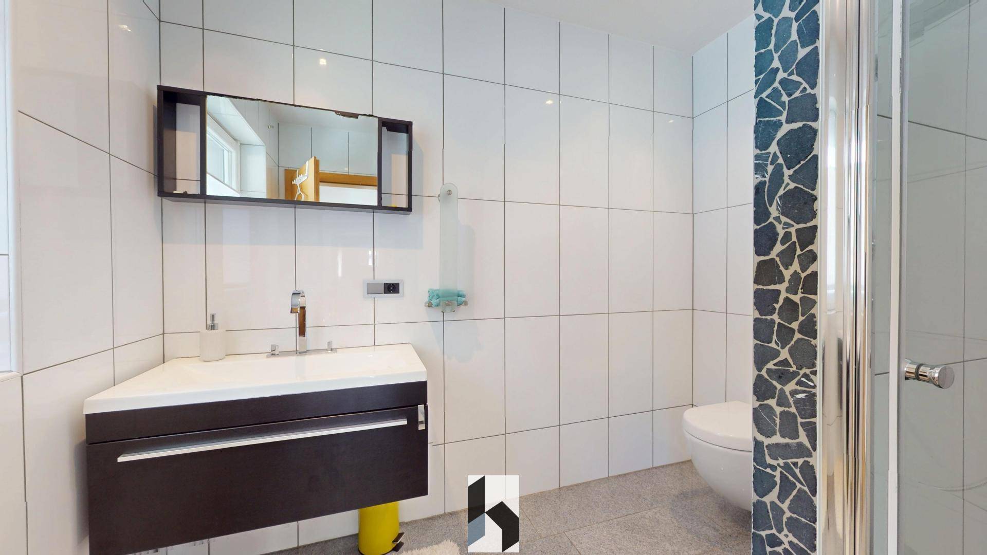 Helles Badezimmer mit Dusche, WC und modernem Waschtisch.
