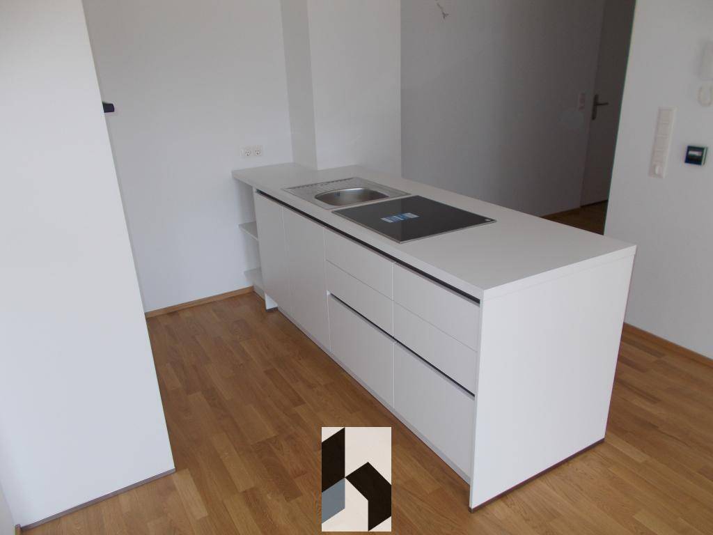 Moderne Kücheninsel mit Spüle und Induktionskochfeld in einem hellen Raum mit Holzboden.