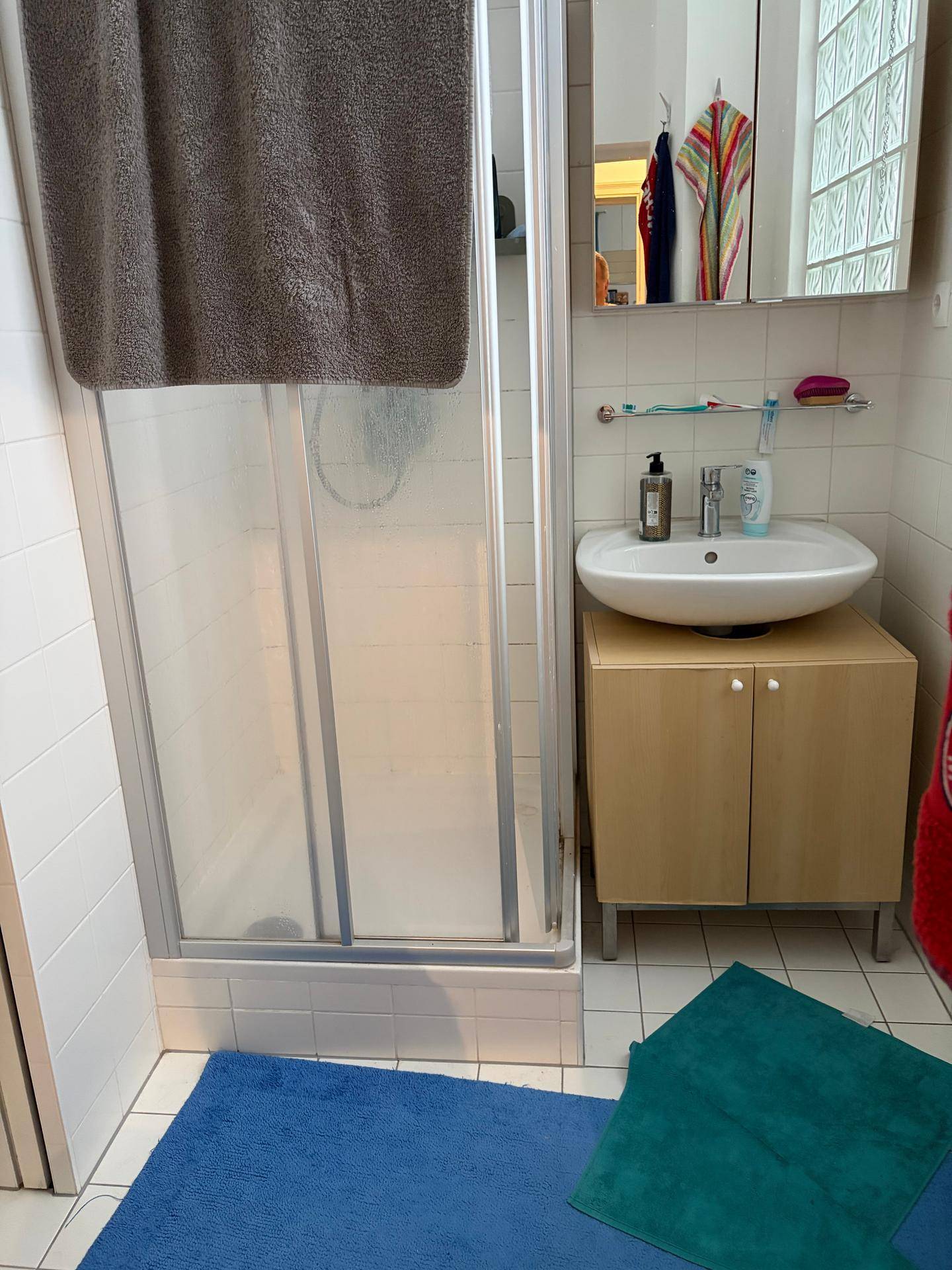 Modernes Badezimmer mit Duschkabine, Einzelwaschbecken und Spiegelschrank.