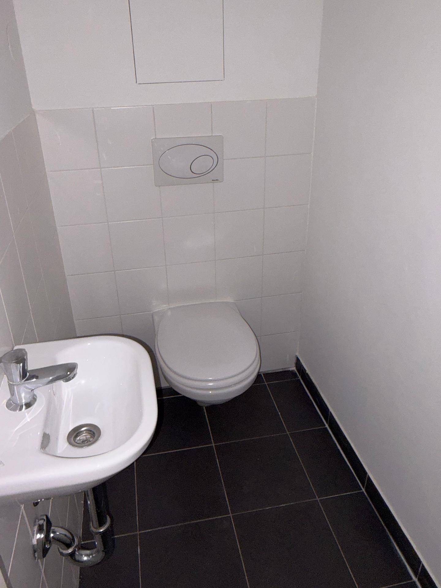 Kleines Gäste-WC mit Toilette und Handwaschbecken, ausgestattet mit weißen Wandfliesen.
