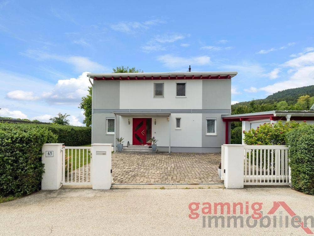 Vorderansicht des modernen Einfamilienhauses mit Einfahrt und Carport.