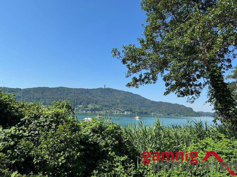 Malerischer Blick auf einen See mit Booten, umgeben von grünen Bäumen und bewaldeten Bergen.