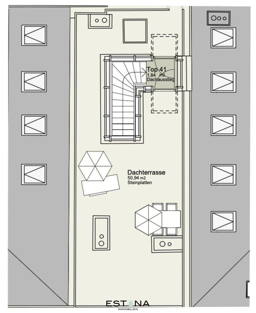 Grundriss der Dachterrasse mit Zugang und Sitzgelegenheiten.
