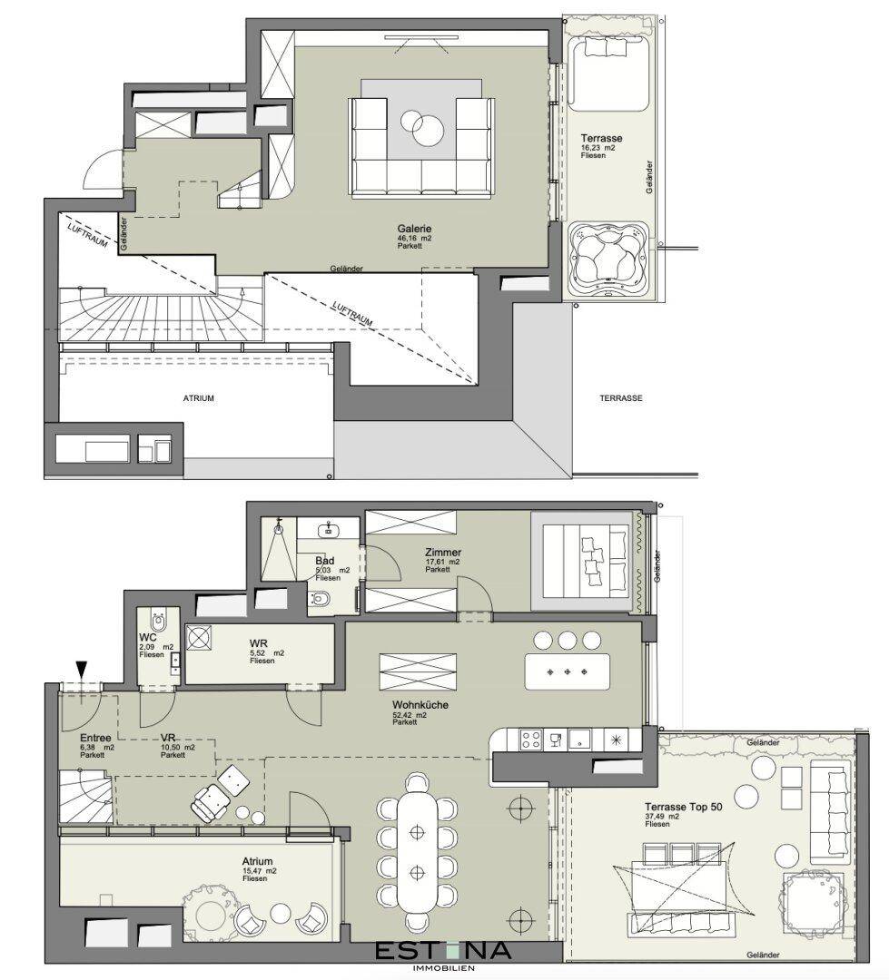 Detaillierter Grundriss einer Maisonette-Wohnung mit Terrassen und offenem Wohnbereich.