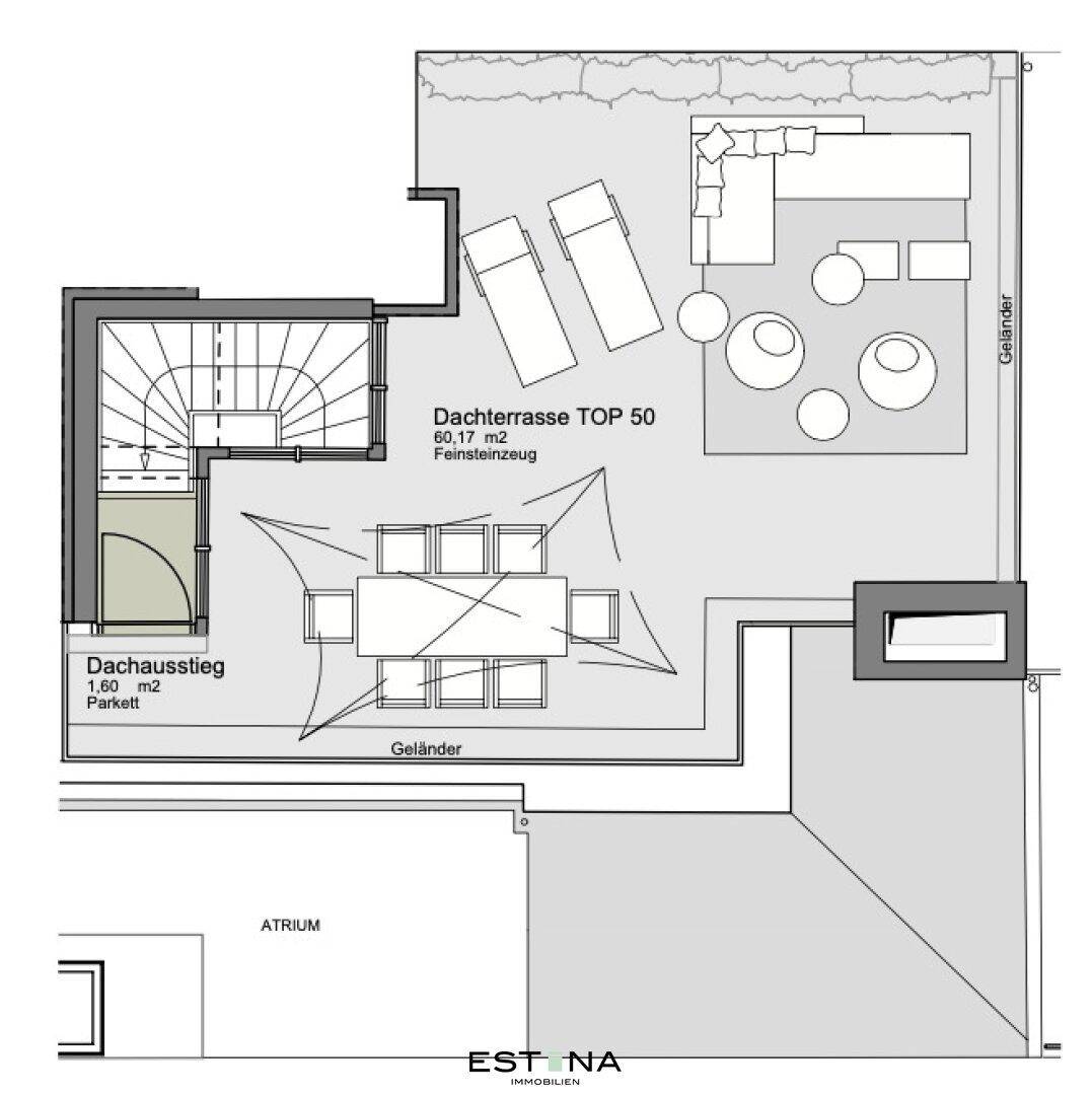 Grundriss der Dachterrasse TOP 50 mit großzügigen Außenbereichen und Sitzgelegenheiten.