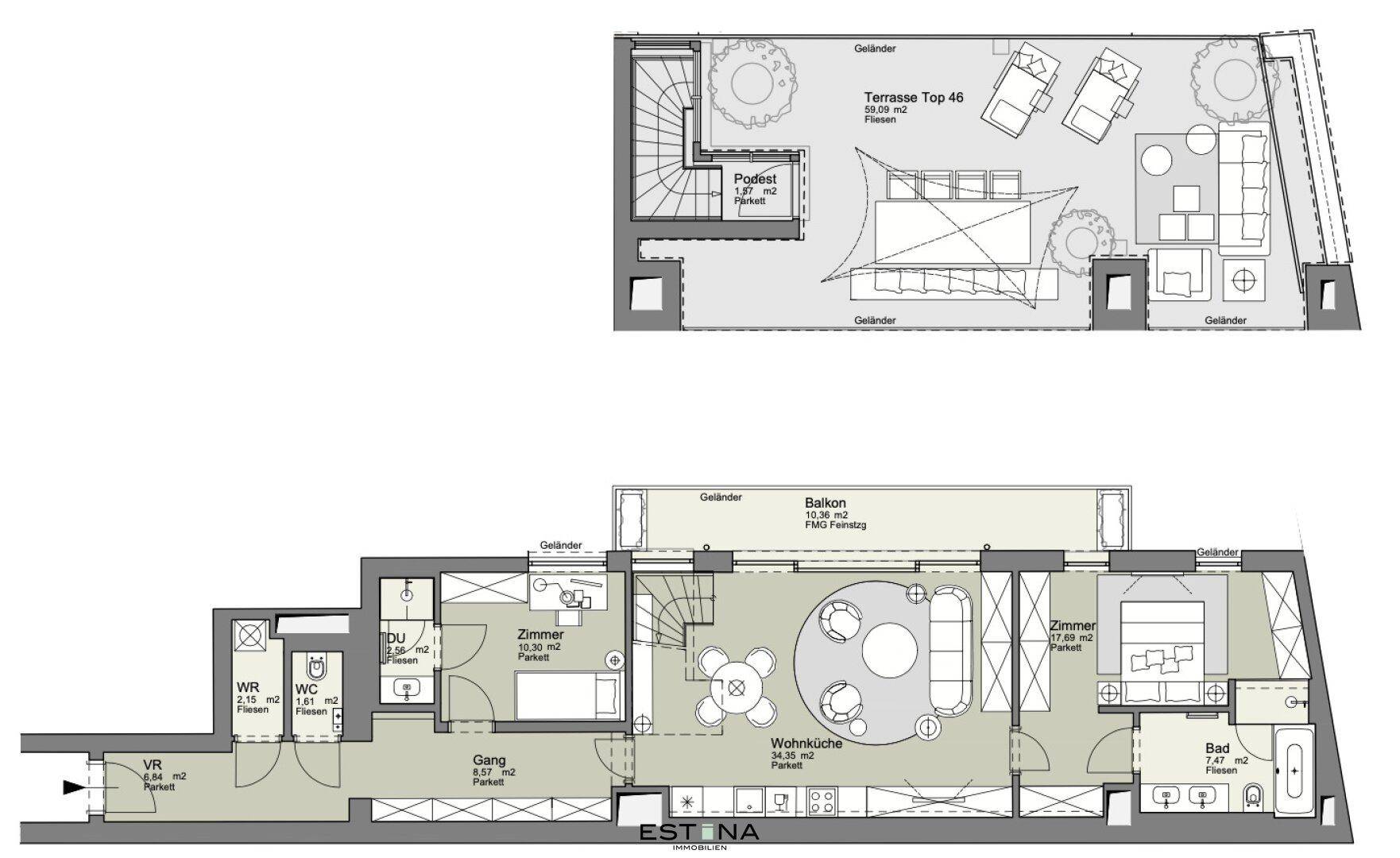 Detaillierter Grundriss einer Maisonette-Wohnung mit Balkon und Dachterrasse.